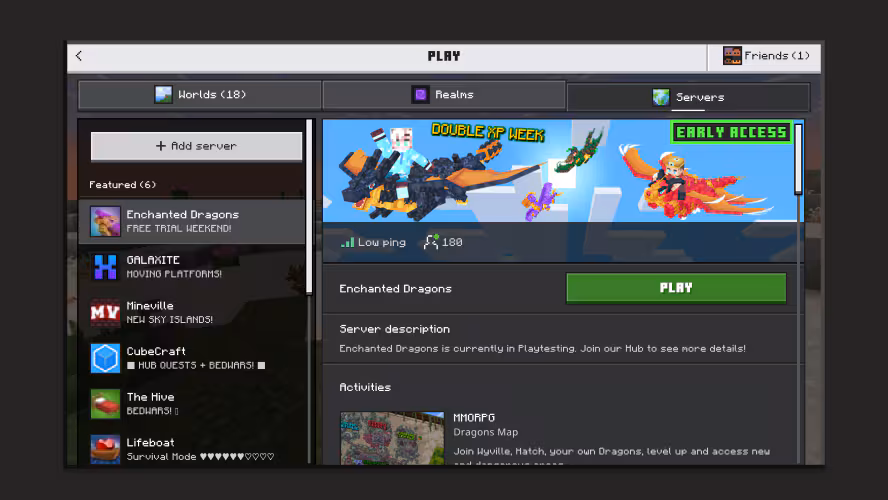 Tela de servidores do Minecraft no PC